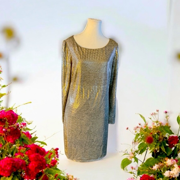 JESSICA HOWARD Gold Metallic Long Sleeve Dress Size 14 - Picture 2 of 9